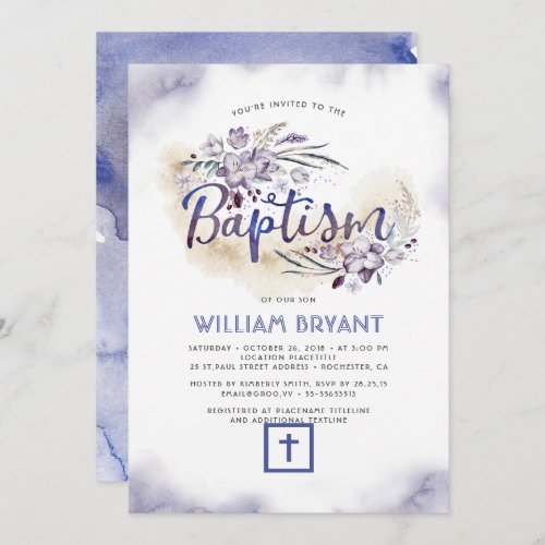 Elegant Floral Navy Blue Boy Baptism Invitation