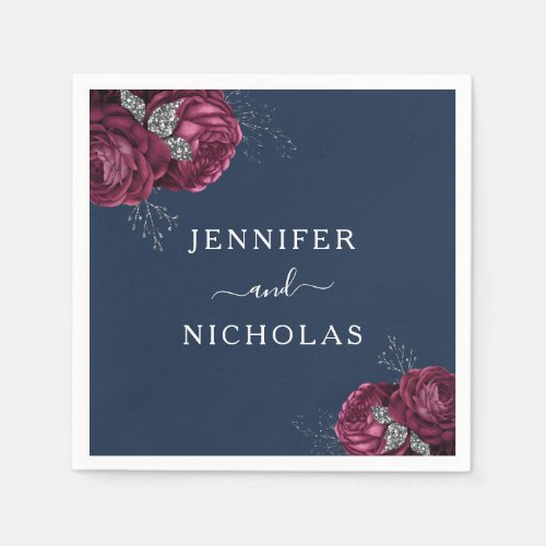 Elegant Floral Navy Blue Burgundy Peonies Wedding Napkins