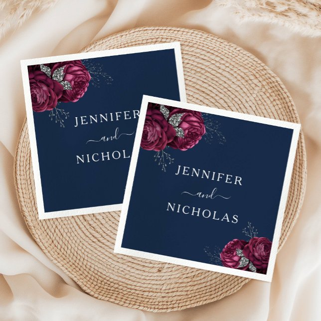 Elegant Floral Navy Blue Burgundy Peonies Wedding Napkins (Elegant Floral Navy Blue Burgundy Peonies Wedding Napkins)