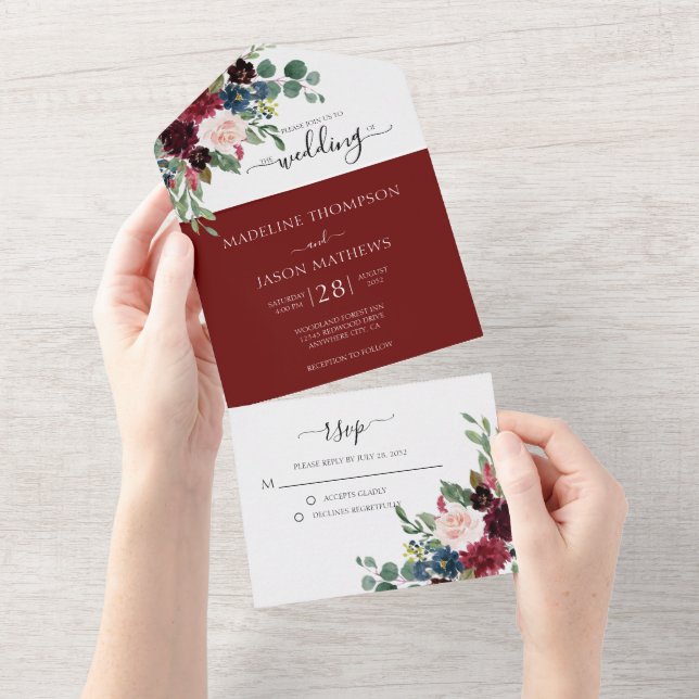 Elegant Floral Navy Blue Burgundy Red Wedding All  In One Invitation (Tearaway)