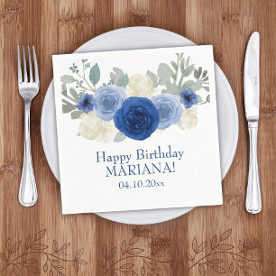 Elegant Floral Navy Blue Floral Birthday Party Napkins