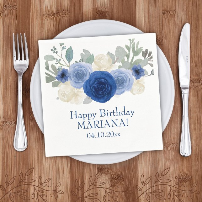 Elegant Floral Navy Blue Floral Birthday Party Napkins (Creator Uploaded)
