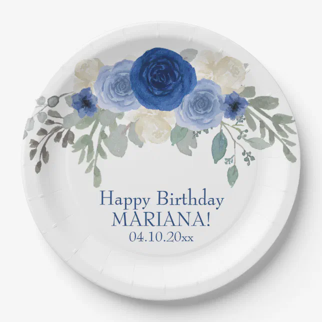 Elegant Floral Navy Blue Floral Birthday Party Paper Plates | Zazzle