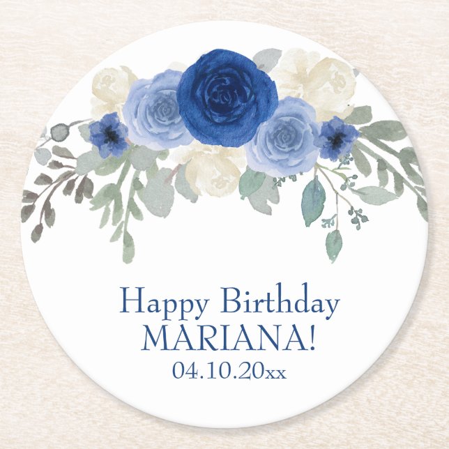 Elegant Floral Navy Blue Floral Birthday Party Round Paper Coaster (Front)