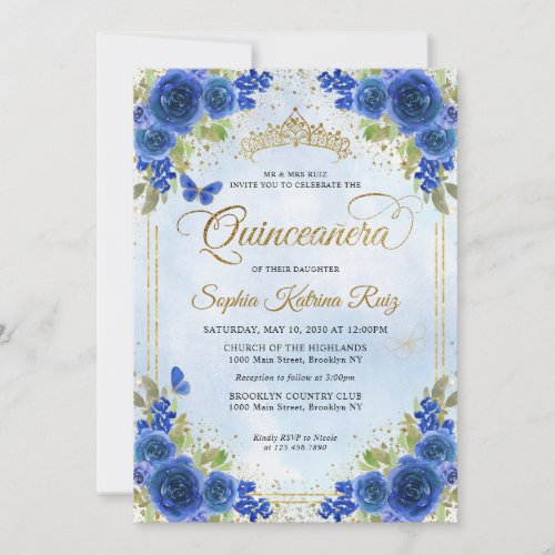 Elegant Floral Navy Blue Gold Tiara Quinceaera Invitation