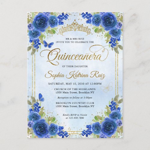 Elegant Floral Navy Blue Gold Tiara Quinceaera Postcard