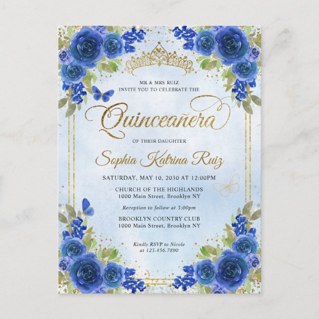 Elegant Floral Navy Blue Gold Tiara Quinceañera Postcard (Front)