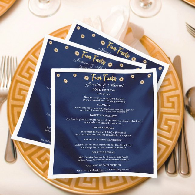 Elegant Floral Navy Blue & Gold Wedding Fun Facts  Napkins (Creator Uploaded)