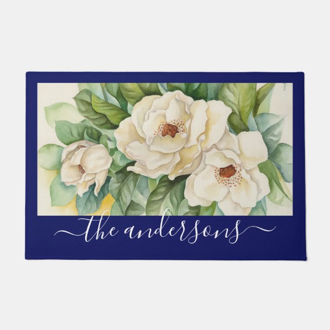 Elegant Floral Navy Blue Magnolia Flowers Name Doormat (Front)