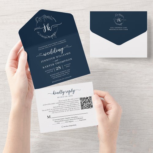 Elegant Floral Navy Blue Monogram QR Code Wedding All In One Invitation