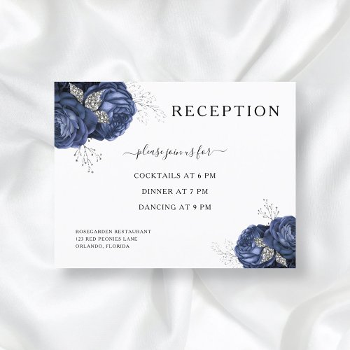 Elegant Floral Navy Blue Peonies Wedding Reception Enclosure Card