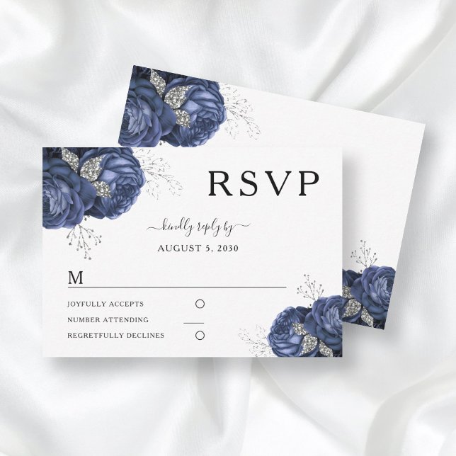 Elegant Floral Navy Blue Peonies Wedding RSVP Card (Creator Uploaded)