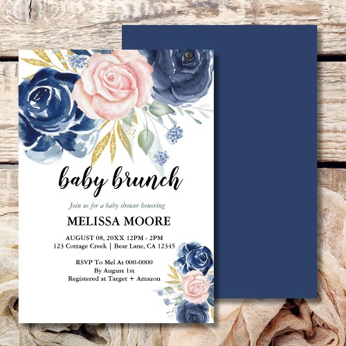 Elegant Floral navy blue pink baby brunch shower Invitation