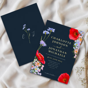 Elegant Floral Navy Blue Red Wedding Gold Foil Invitation