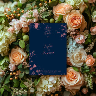 Elegant Floral Navy Blue & Rose Gold Save the Date Invitation