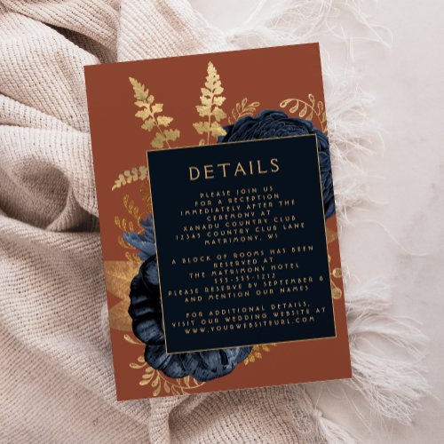 Elegant Floral Navy Blue Rust Gold Wedding Details Enclosure Card