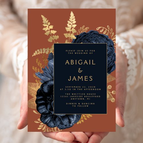 Elegant Floral Navy Blue Rust Gold Wedding Invitation