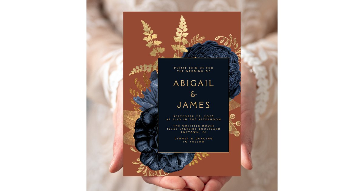 Elegant Floral Navy Blue Rust Gold Wedding Invitation | Zazzle