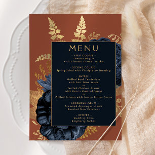 Elegant Floral Navy Blue Rust Gold Wedding Menu