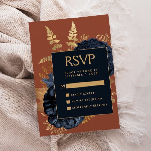 Elegant Floral Navy Blue Rust Gold Wedding RSVP Enclosure Card