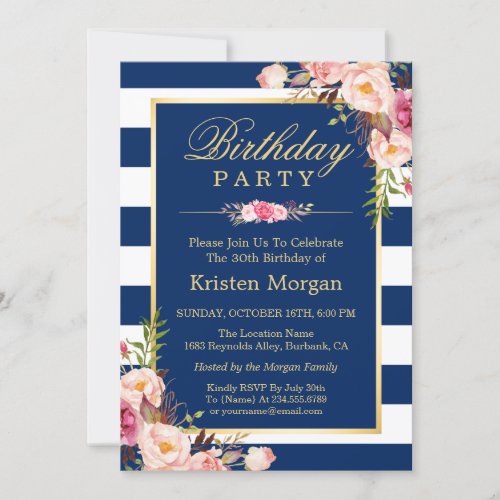 Elegant Floral Navy Blue Stripes Birthday Party Invitation