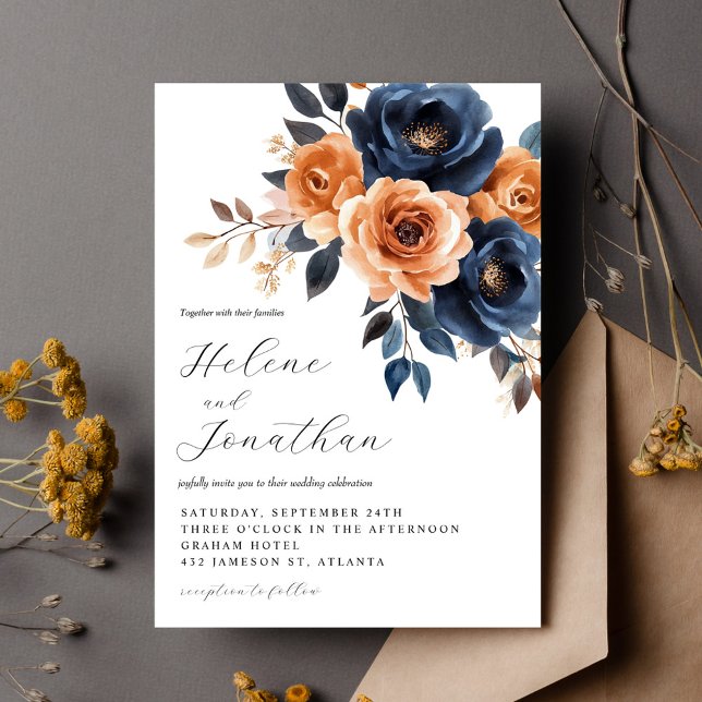 Elegant Floral Navy Blue Terracotta Garden Wedding Invitation (Elegant Floral Navy Blue Terracotta Garden Wedding Invitation)
