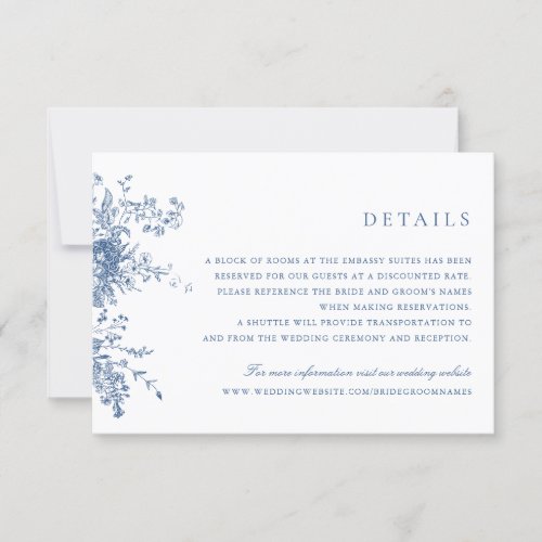 Elegant Floral Navy Blue Wedding Details Insert  Invitation