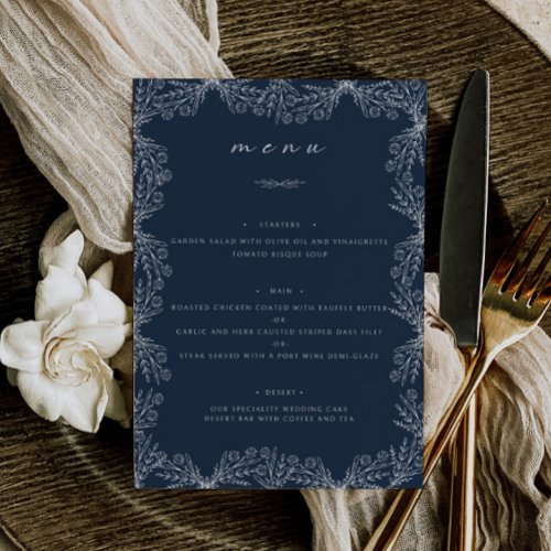 Elegant Floral Navy Blue Wedding Table Dinner Menu