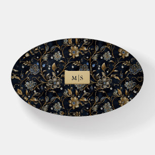 Elegant Floral Navy Gold Monogram Paperweight
