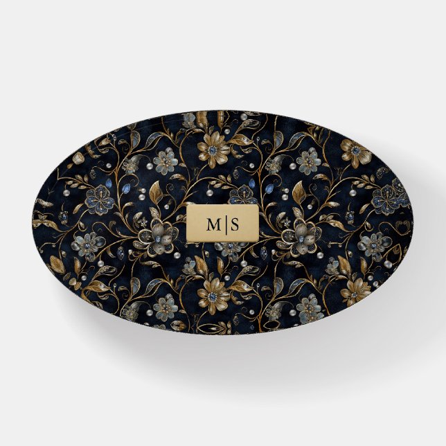 Elegant Floral Navy Gold Monogram Paperweight (Front)