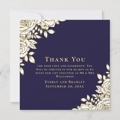Elegant Floral Navy Gold Photo Thank You Card 