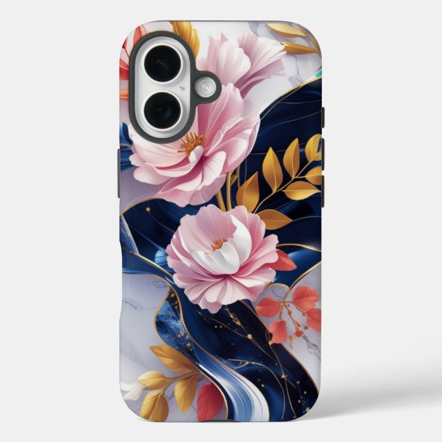 Elegant Floral Navy Marble iPhone Case (Back)