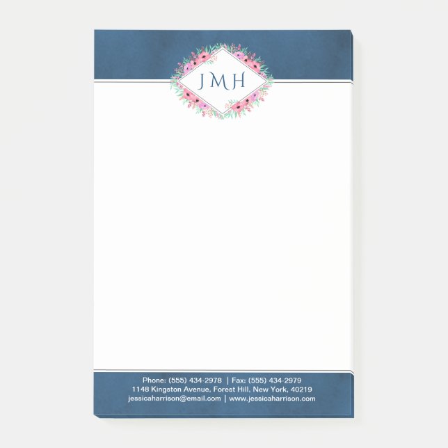Elegant Floral & Navy Personal Or Business Post-it Notes (Front)
