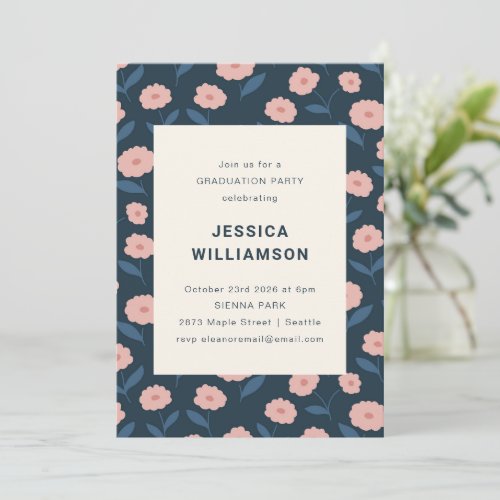 Elegant Floral Navy Pink Modern Graduation Party 