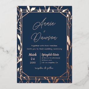Elegant Floral Navy & Rose Gold Wedding Foil Invitation