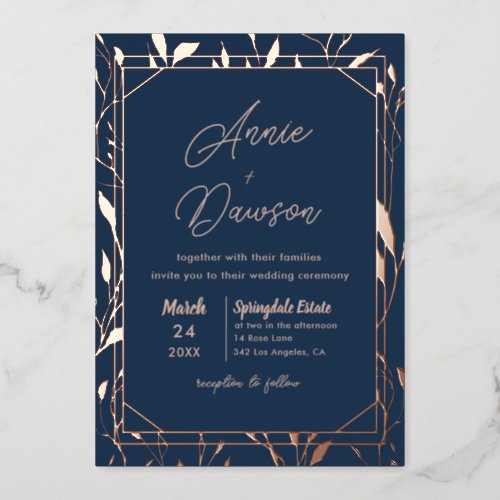 Elegant Floral Navy  Rose Gold Wedding Foil Invitation