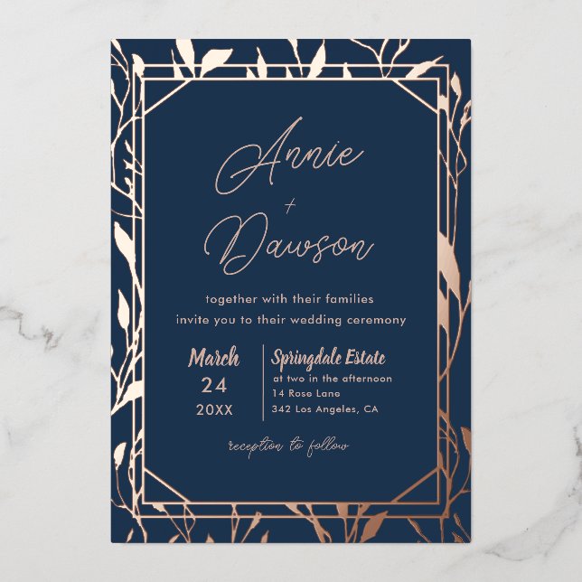 Elegant Floral Navy & Rose Gold Wedding Foil Invitation (Front)