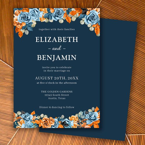 Elegant Floral Navy Rust Dark Terracota Wedding Invitation
