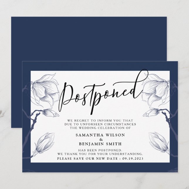 Elegant Floral Navy & White Postponed Wedding Invitation (Front/Back)