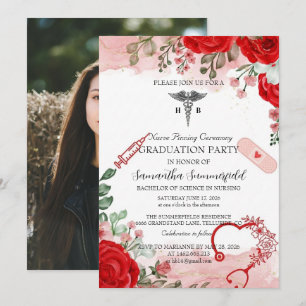 Elegant Floral Nursing Graduation Invitation   Red