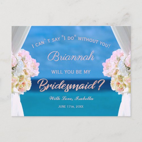 Elegant Floral Ocean Beach Rosegold Bridesmaid Invitation Postcard
