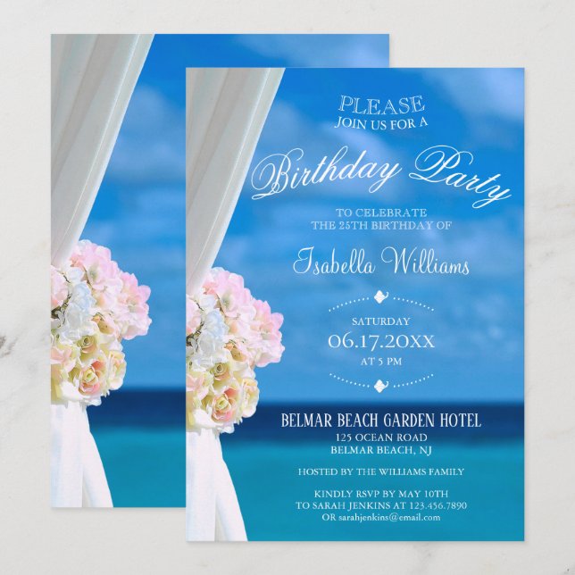 Elegant Floral Ocean Beach Summer Birthday Party Invitation (Front/Back)