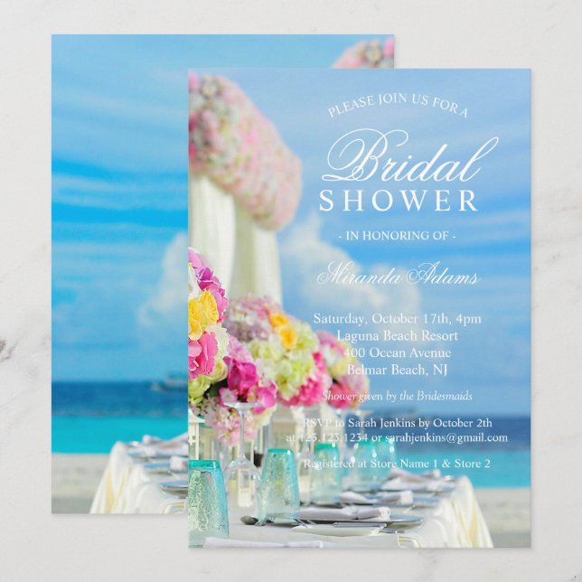 Elegant Floral Ocean Beach Summer Bridal Shower Invitation (Front/Back)