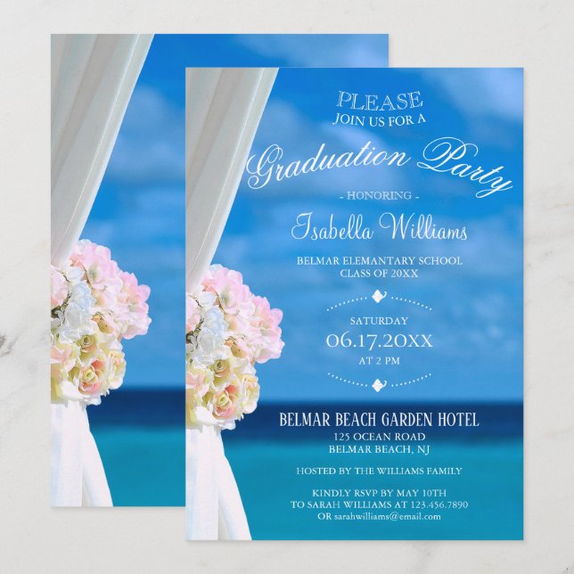 Elegant Floral Ocean Beach Summer Graduation Party Invitation (Front/Back)