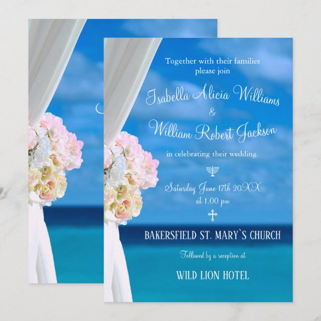 Elegant Floral Ocean Beach Summer Wedding Ceremony Invitation (Front/Back)