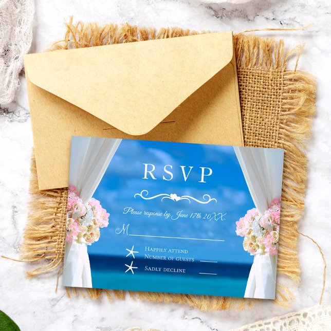 Elegant Floral Ocean Beach Summer Wedding RSVP Card (Creator Uploaded)