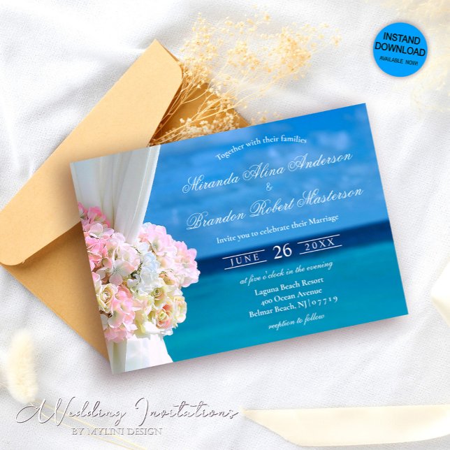 Elegant Floral Ocean Beach Wedding Invitation (Creator Uploaded)