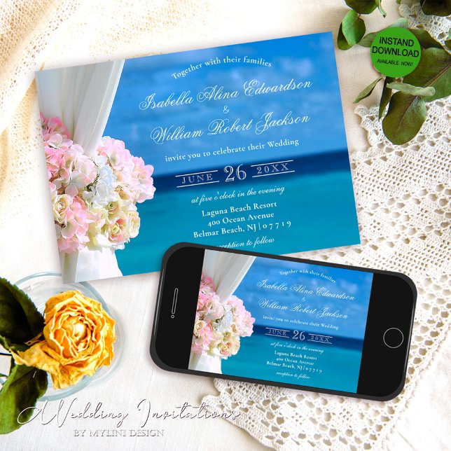 Elegant Floral Ocean Beach Wedding Invitation (Creator Uploaded)