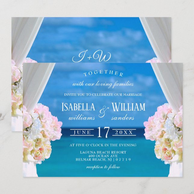 Elegant Floral Ocean Beach Wedding Invitation (Front/Back)