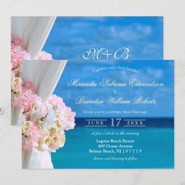 Elegant Floral Ocean Beach Wedding Invitation (Front/Back)